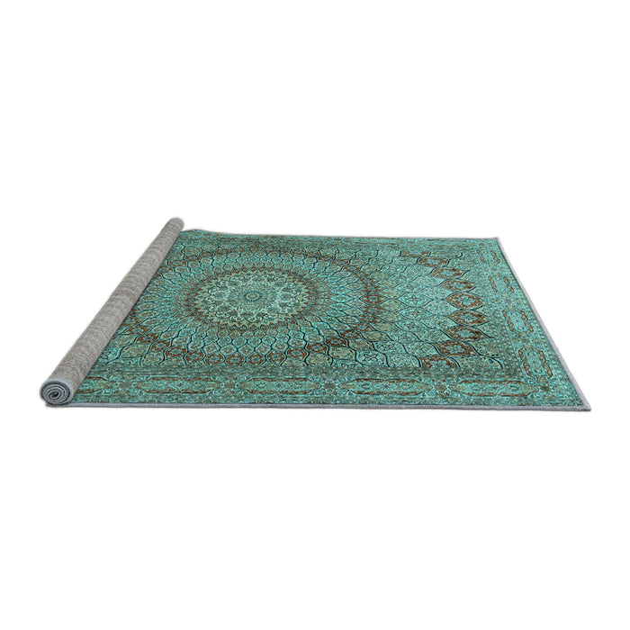 Sideview of Machine Washable Medallion Light Blue Traditional Rug, wshtr2078lblu