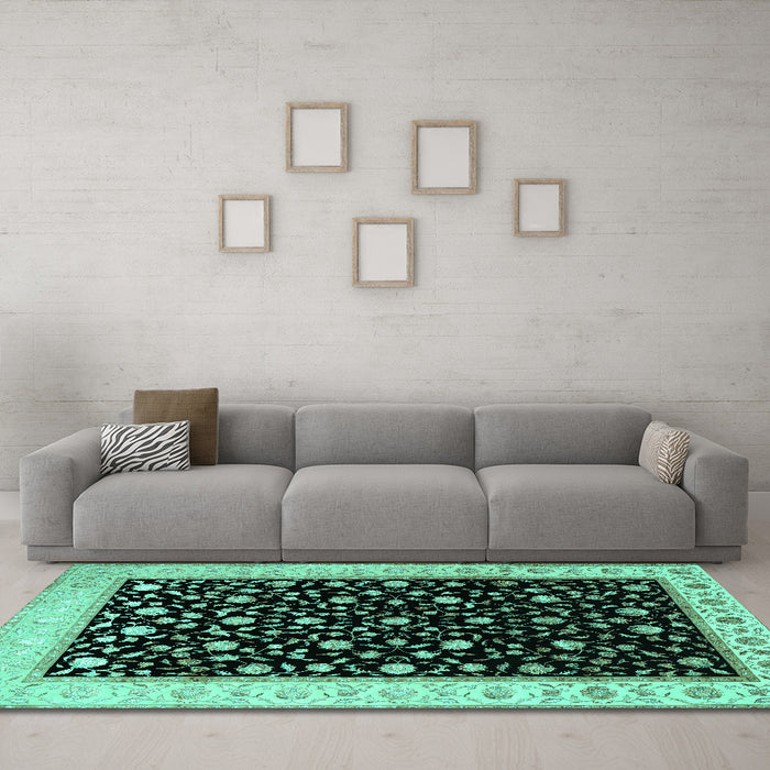 Machine Washable Persian Turquoise Traditional Area Rugs in a Living Room,, wshtr2082turq