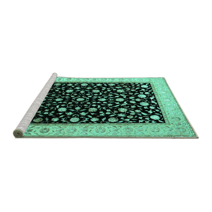 Sideview of Machine Washable Persian Turquoise Traditional Area Rugs, wshtr2082turq