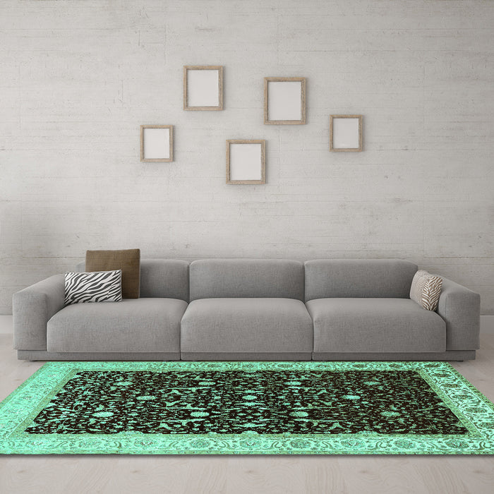 Machine Washable Persian Turquoise Traditional Area Rugs in a Living Room,, wshtr2084turq
