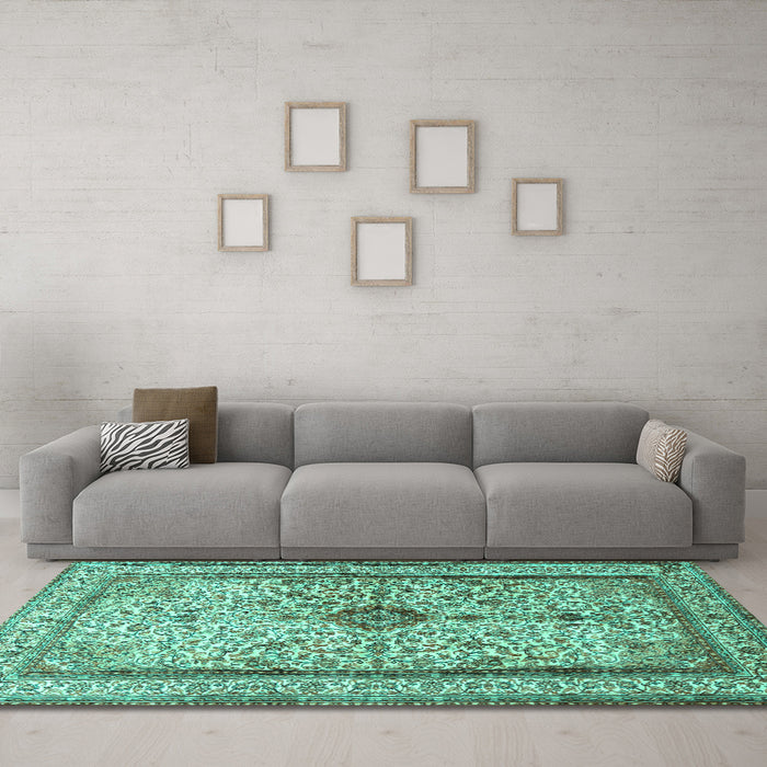 Machine Washable Persian Turquoise Traditional Area Rugs in a Living Room,, wshtr2095turq