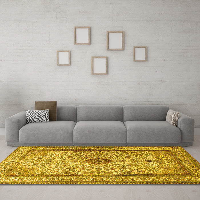 Machine Washable Persian Yellow Traditional Rug in a Living Room, wshtr2095yw