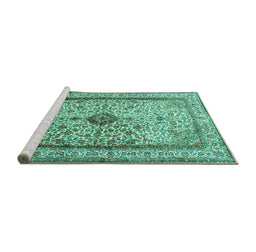 Sideview of Machine Washable Persian Turquoise Traditional Area Rugs, wshtr2095turq