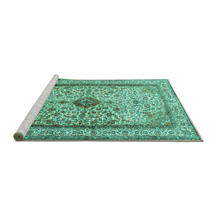 Sideview of Machine Washable Persian Turquoise Traditional Area Rugs, wshtr2095turq