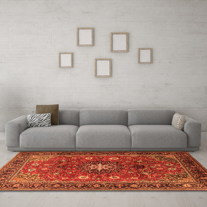 Machine Washable Medallion Orange Traditional Area Rugs in a Living Room, wshtr2096org