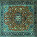 Square Machine Washable Medallion Turquoise Traditional Area Rugs, wshtr2096turq