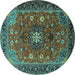 Round Machine Washable Medallion Turquoise Traditional Area Rugs, wshtr2096turq