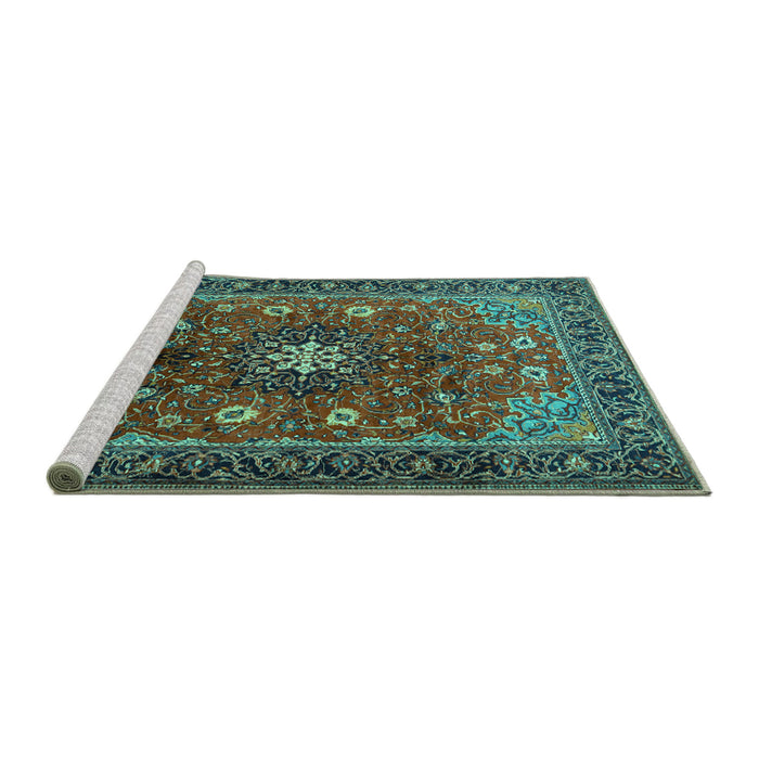Sideview of Machine Washable Medallion Turquoise Traditional Area Rugs, wshtr2096turq