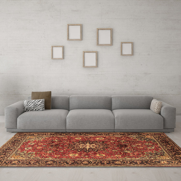 Machine Washable Medallion Brown Traditional Rug in a Living Room,, wshtr2096brn