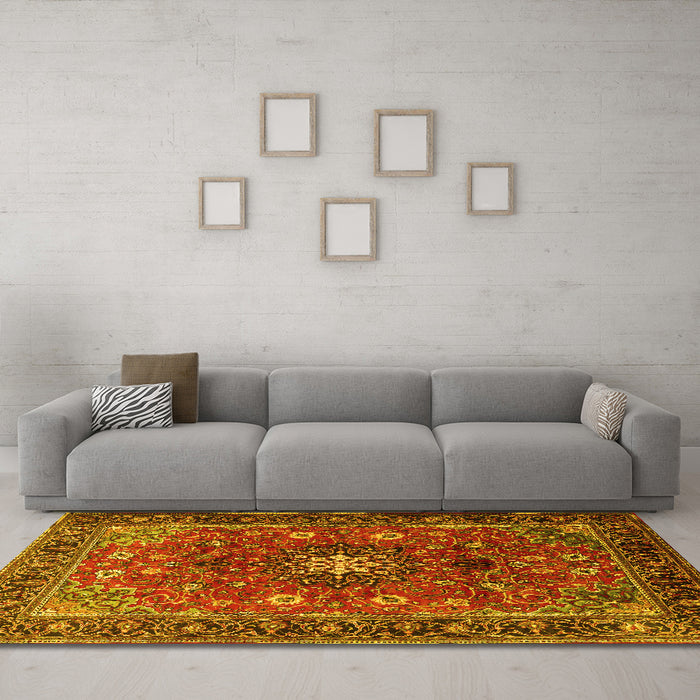 Machine Washable Medallion Yellow Traditional Rug in a Living Room, wshtr2096yw