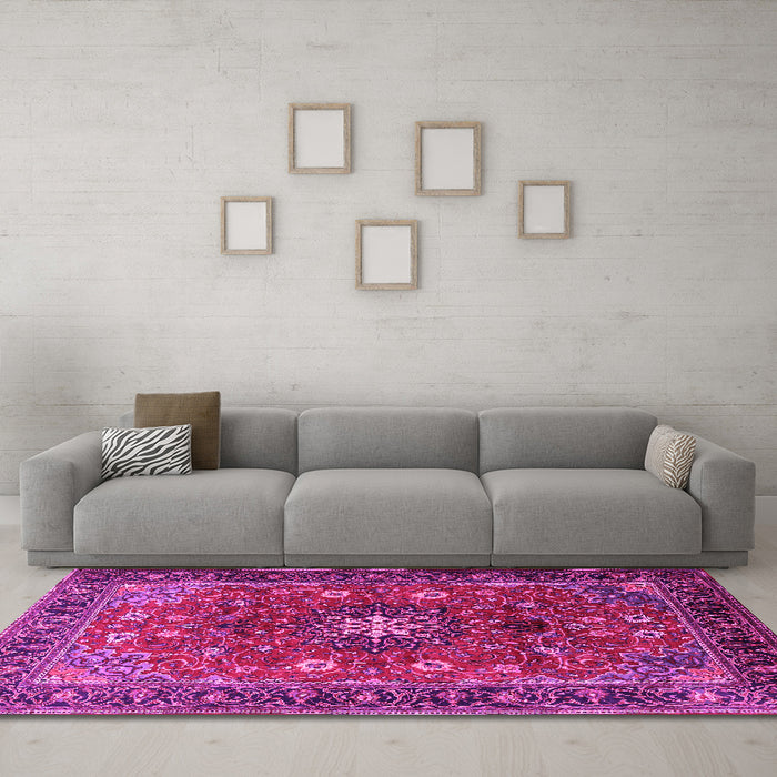 Machine Washable Medallion Pink Traditional Rug in a Living Room, wshtr2096pnk