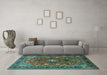 Machine Washable Medallion Turquoise Traditional Area Rugs in a Living Room,, wshtr2096turq