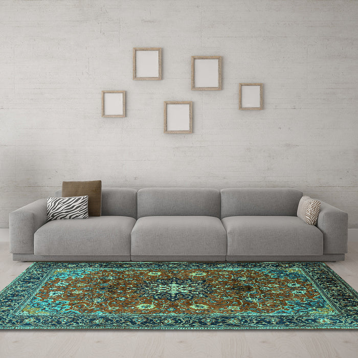 Machine Washable Medallion Turquoise Traditional Area Rugs in a Living Room,, wshtr2096turq