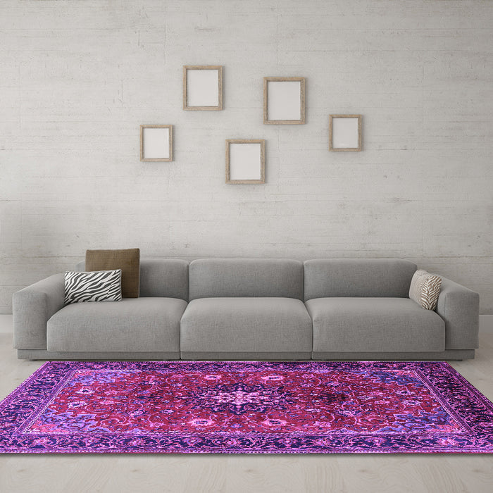 Machine Washable Medallion Purple Traditional Area Rugs in a Living Room, wshtr2096pur