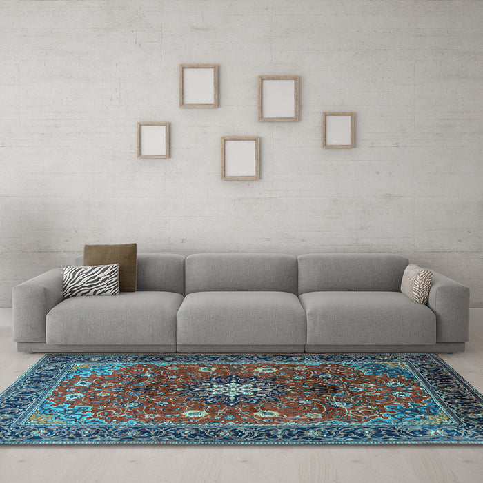 Machine Washable Medallion Light Blue Traditional Rug in a Living Room, wshtr2096lblu