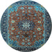 Round Machine Washable Medallion Light Blue Traditional Rug, wshtr2096lblu