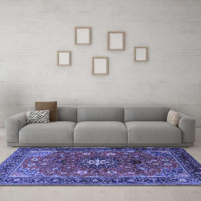 Machine Washable Medallion Blue Traditional Rug in a Living Room, wshtr2096blu