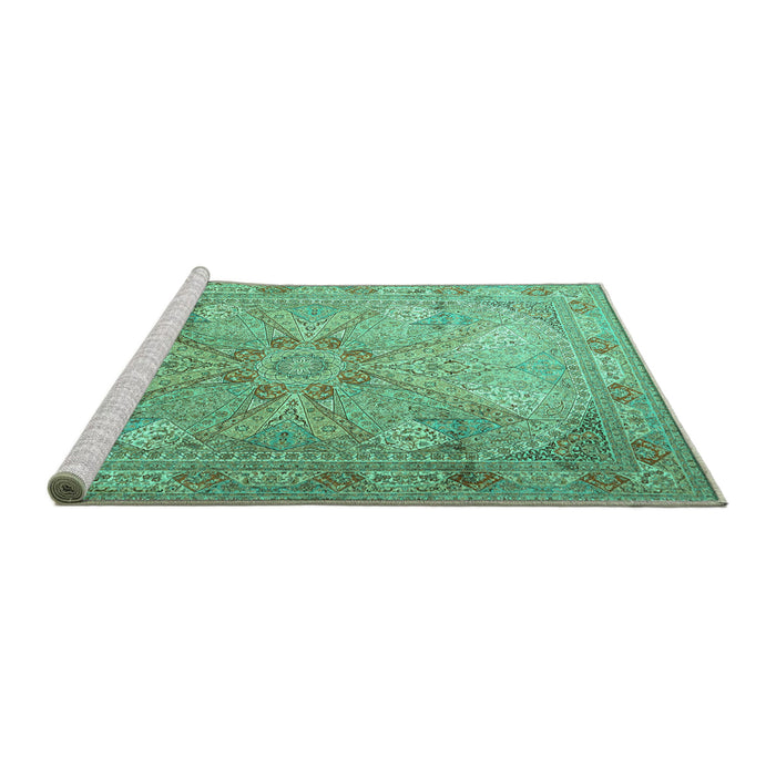 Sideview of Machine Washable Persian Turquoise Traditional Area Rugs, wshtr2099turq
