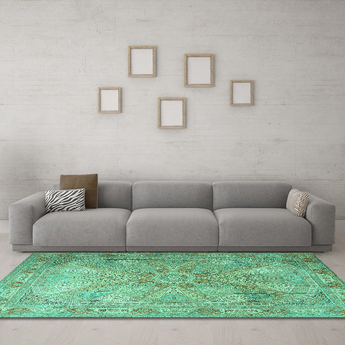 Machine Washable Persian Turquoise Traditional Area Rugs in a Living Room,, wshtr2099turq