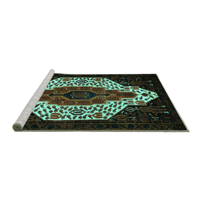 Sideview of Machine Washable Persian Turquoise Traditional Area Rugs, wshtr209turq