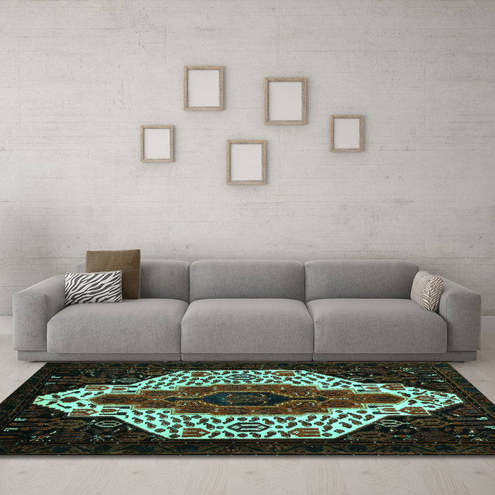 Machine Washable Persian Turquoise Traditional Area Rugs in a Living Room,, wshtr209turq