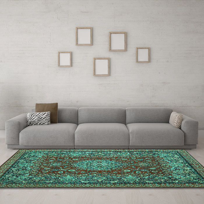 Machine Washable Medallion Turquoise Traditional Area Rugs in a Living Room,, wshtr20turq