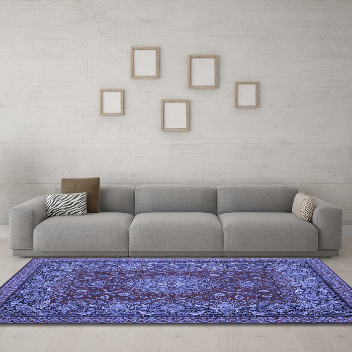 Machine Washable Medallion Blue Traditional Rug in a Living Room, wshtr20blu