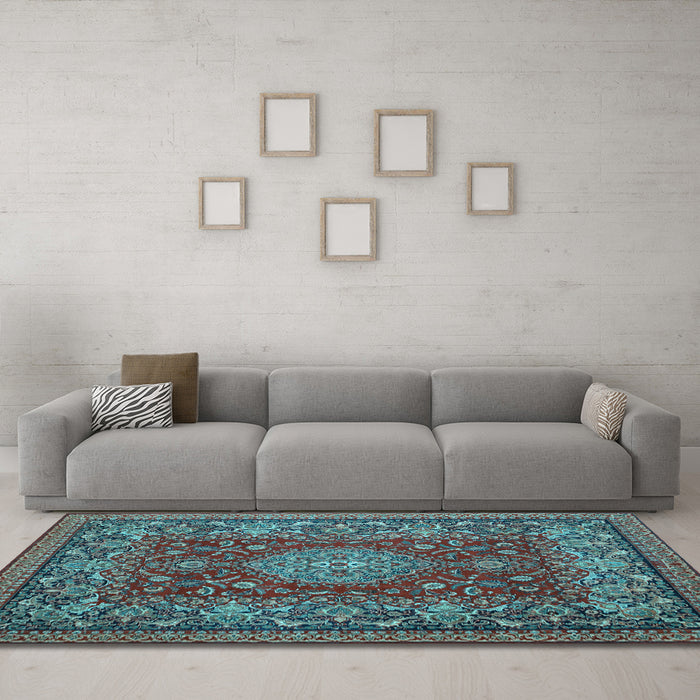 Machine Washable Medallion Light Blue Traditional Rug in a Living Room, wshtr20lblu
