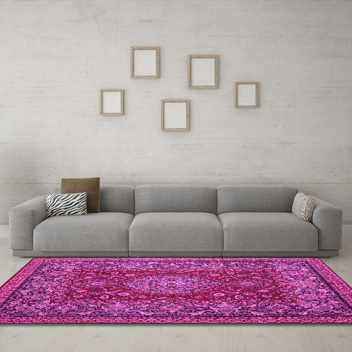 Machine Washable Medallion Pink Traditional Rug in a Living Room, wshtr20pnk