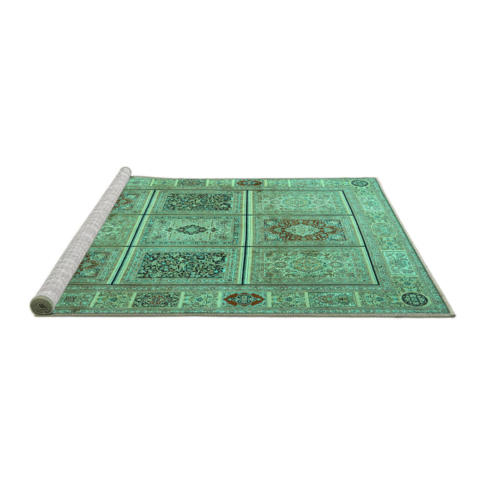 Sideview of Machine Washable Persian Turquoise Traditional Area Rugs, wshtr2100turq