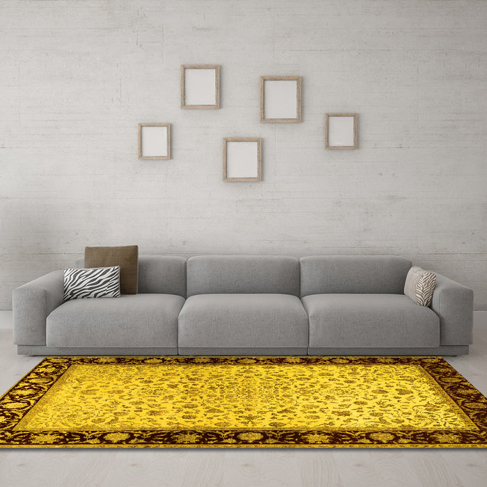 Machine Washable Oriental Yellow Traditional Rug in a Living Room, wshtr2102yw