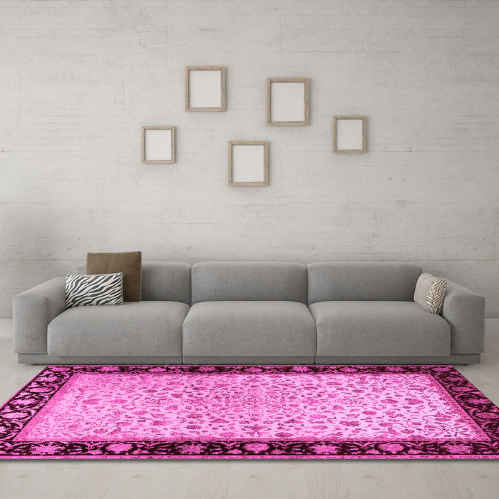 Machine Washable Oriental Pink Traditional Rug in a Living Room, wshtr2102pnk