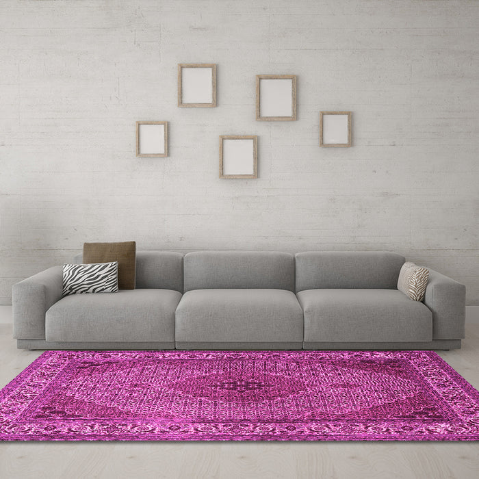 Machine Washable Medallion Pink Traditional Rug in a Living Room, wshtr2108pnk