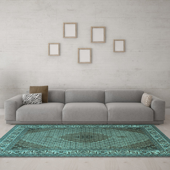 Machine Washable Medallion Light Blue Traditional Rug in a Living Room, wshtr2108lblu
