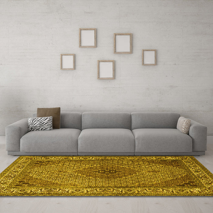 Machine Washable Medallion Yellow Traditional Rug in a Living Room, wshtr2108yw