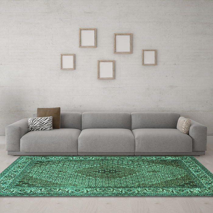Machine Washable Medallion Turquoise Traditional Area Rugs in a Living Room,, wshtr2108turq