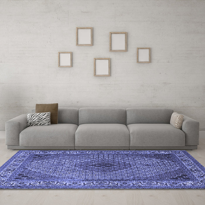 Machine Washable Medallion Blue Traditional Rug in a Living Room, wshtr2108blu