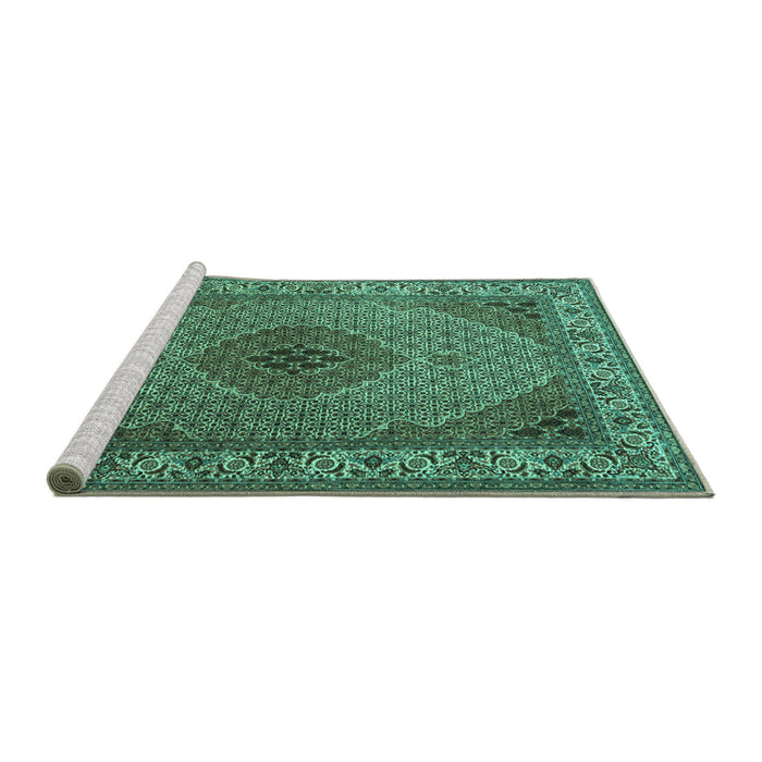 Sideview of Machine Washable Medallion Turquoise Traditional Area Rugs, wshtr2108turq