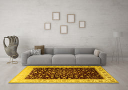 Machine Washable Oriental Yellow Traditional Rug in a Living Room, wshtr2109yw