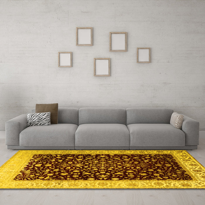 Machine Washable Oriental Yellow Traditional Rug in a Living Room, wshtr2109yw