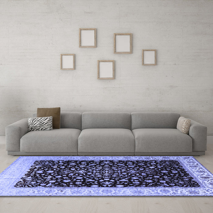 Machine Washable Oriental Blue Traditional Rug in a Living Room, wshtr2109blu