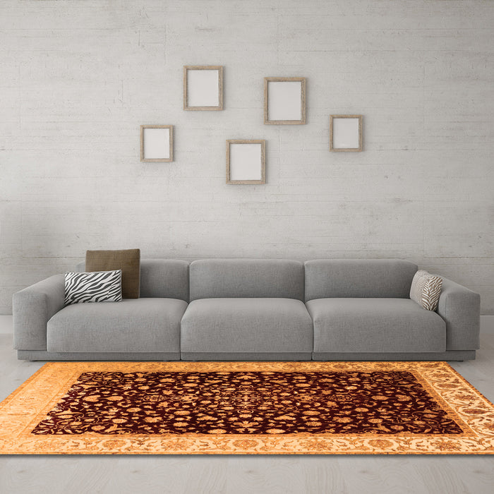 Machine Washable Oriental Orange Traditional Area Rugs in a Living Room, wshtr2109org