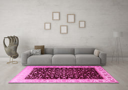 Machine Washable Oriental Pink Traditional Rug in a Living Room, wshtr2109pnk