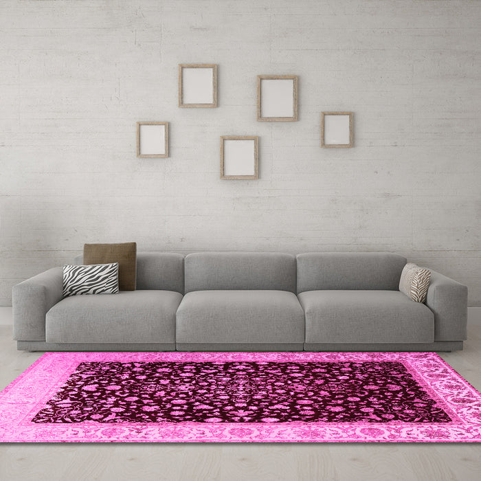 Machine Washable Oriental Pink Traditional Rug in a Living Room, wshtr2109pnk