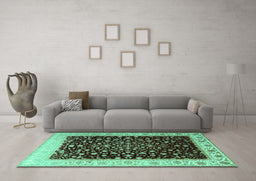 Machine Washable Oriental Turquoise Traditional Area Rugs in a Living Room,, wshtr2109turq