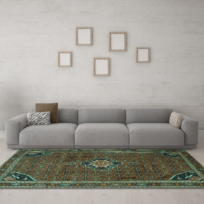 Machine Washable Persian Turquoise Traditional Area Rugs in a Living Room,, wshtr2117turq