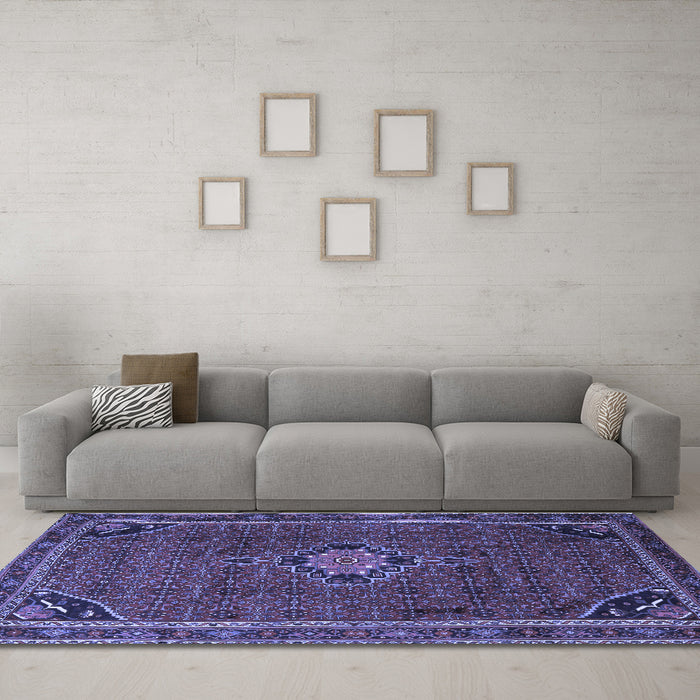 Machine Washable Persian Blue Traditional Rug in a Living Room, wshtr2117blu