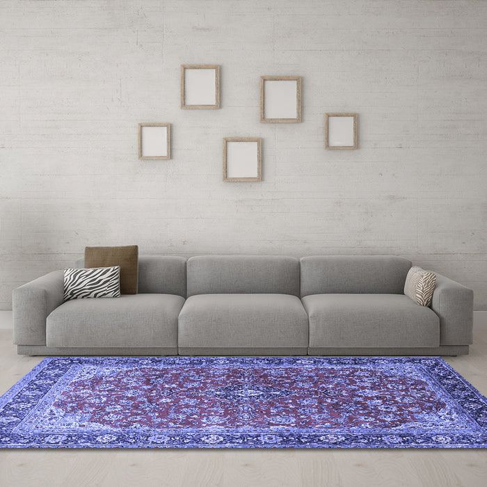Machine Washable Medallion Blue Traditional Rug in a Living Room, wshtr2118blu