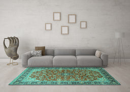 Machine Washable Medallion Turquoise Traditional Area Rugs in a Living Room,, wshtr2118turq