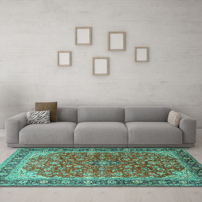 Machine Washable Medallion Turquoise Traditional Area Rugs in a Living Room,, wshtr2118turq
